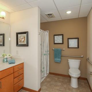A well-designed bathroom featuring a shower, toilet, and vanity with framed artwork.