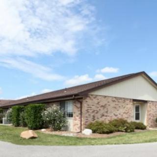 A suburban brick house with a driveway, surrounded by bushes under a clear blue sky.