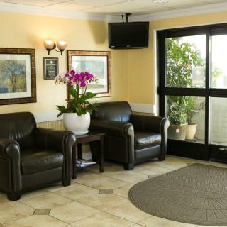 A cozy lobby area with leather chairs, a table adorned with flowers, wall art, a television, and a potted plant by the entrance.