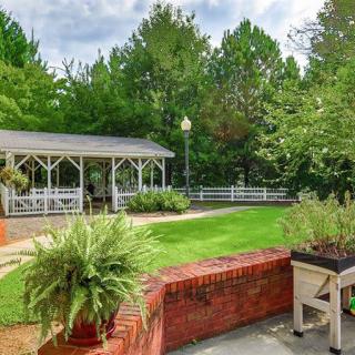 A peaceful garden with a gazebo surrounded by lush greenery.