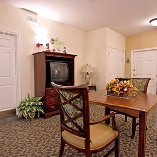 A cozy living room with a dining table, chairs, TV cabinet, and indoor decor.