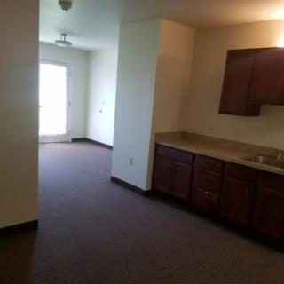 An empty apartment with a small kitchen area featuring cabinets and a sink.