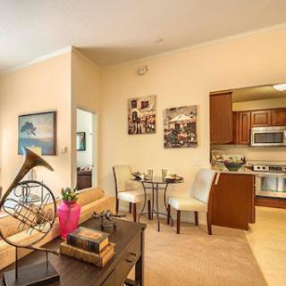 A cozy and stylish living area seamlessly connected to a modern kitchen.
