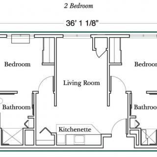 A floor plan of a 2-bedroom apartment featuring a central living room, kitchenette, and two bathrooms.