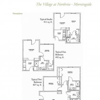 Floor plans for The Village at Northrise, featuring studio and two-bedroom apartments.