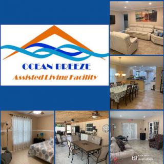 Collage of the interior spaces at Ocean Breeze Assisted Living Facility, showcasing the living room, kitchen, and dining areas.