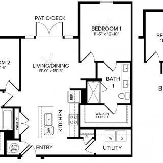 A detailed floor plan of a residential apartment with multiple rooms and amenities.