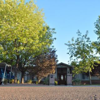 A serene view of a building surrounded by lush trees on a clear day.
