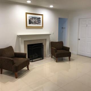 A minimalist living room featuring a fireplace and two brown chairs.