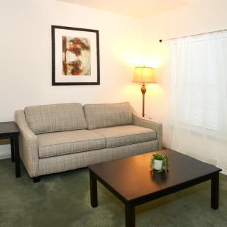 A cozy living room featuring a sofa, coffee table, and lamp with artwork on the wall.