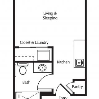 A floor plan of a studio apartment featuring a living and sleeping area, kitchen, bathroom, closet with laundry, and pantry.