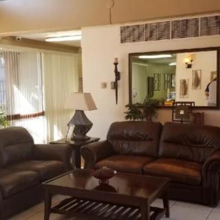 A cozy living room with leather sofas, a coffee table, and decorative elements.