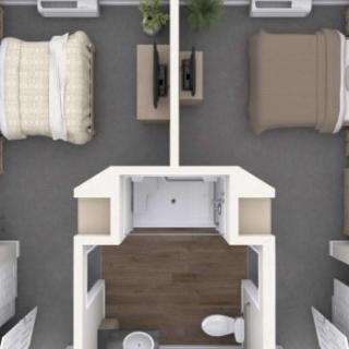 A top-down view of an apartment floor plan featuring two bedrooms, a shared bathroom, and a central living area.