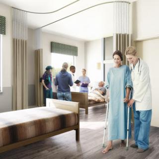 A healthcare professional assists a patient using crutches in a hospital setting.