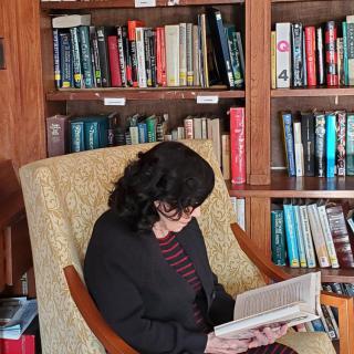 A person reading a book in a cozy library setting.