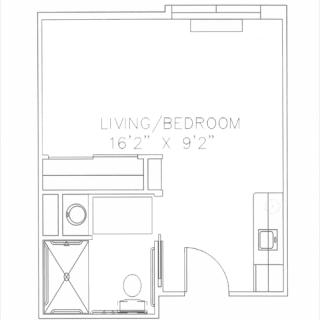 Studio apartment floor plan with living/bedroom and bathroom.