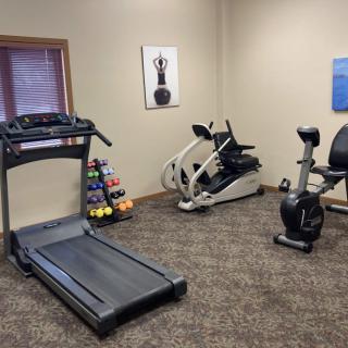 A small home gym featuring a treadmill, stationary bike, elliptical machine, and a rack of dumbbells.