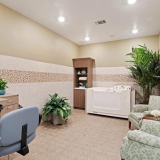 A tranquil spa room featuring a bathtub, comfortable seating, and lush plants.