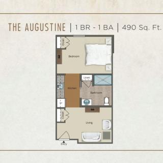 The Augustine: A 1-bedroom, 1-bathroom apartment floor plan with 490 square feet.