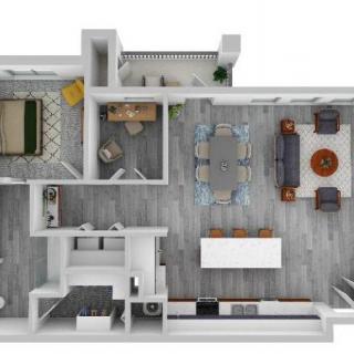 A modern apartment floor plan featuring an open living and dining area, bedroom, bathroom, and kitchen.