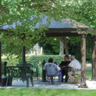 A group of people sitting under a gazebo in a park enjoying the shade.