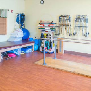 A well-equipped physical therapy room featuring balance bars and various exercise tools.