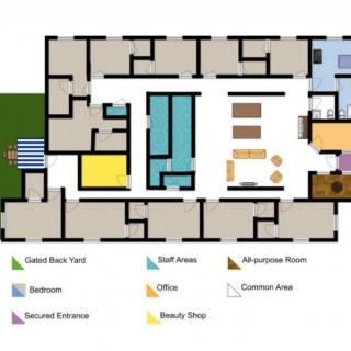 An architectural floor plan showing the layout of various rooms including bedrooms, office space, and common areas.