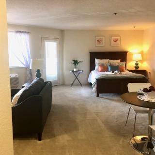 Cozy studio apartment with a comfortable bed, sofa, and dining area.