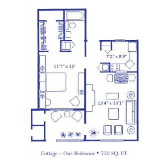 Floor plan of a one-bedroom cottage featuring an open living area and kitchen.