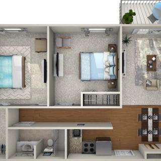 A detailed floor plan of a modern apartment with two bedrooms, a living room, kitchen, dining area, and balcony.