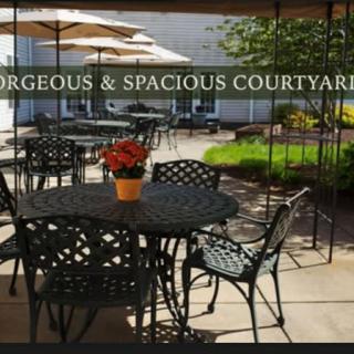 A gorgeous and spacious courtyard with elegant patio furniture and umbrellas, perfect for relaxing outdoors.