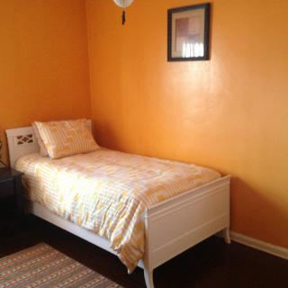 A minimalist bedroom with orange walls and a single bed.