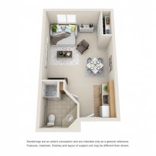 A 3D rendered floor plan of a studio apartment showcasing an open living area, kitchen, and bathroom.