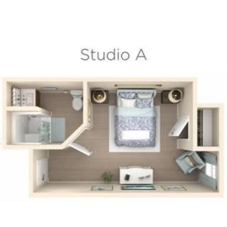 A top-down view of a Studio A floor plan, showcasing the layout including a bedroom, kitchen area, and bathroom.