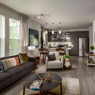 A modern living room and kitchen with an open floor plan, featuring contemporary furniture and stylish decor.