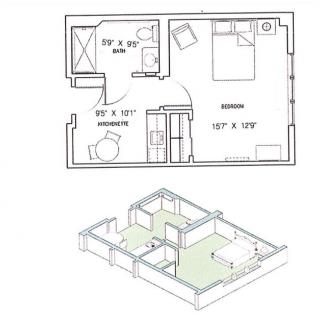 A floor plan and a 3D model of a one-bedroom apartment, showcasing the room layout and interior design.