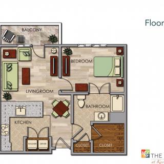 A floor plan of a two-bedroom apartment featuring a living room, kitchen, bathroom, and balcony.
