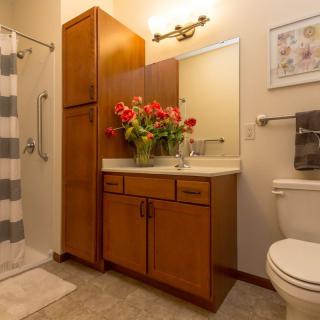 A cozy bathroom featuring wooden cabinetry, a vanity with a mirror, a vase of flowers, and a toilet.