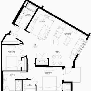An architectural floor plan depicting the layout of an apartment, including rooms and furniture arrangement.