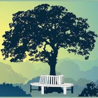 A peaceful scene of a tree with a circular bench beneath it, set against a backdrop of rolling hills and a soft sky.