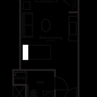 A floor plan depicting an apartment layout with a living area, kitchen, and bathroom.