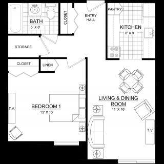 A floor plan of a single-bedroom apartment featuring a living and dining room, kitchen, bathroom, and closet space.