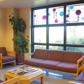 A cozy waiting area featuring comfortable sofas, a potted plant, and large windows allowing natural light to fill the space.