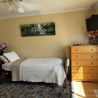 A cozy bedroom featuring a single bed, a wooden dresser, and a TV.