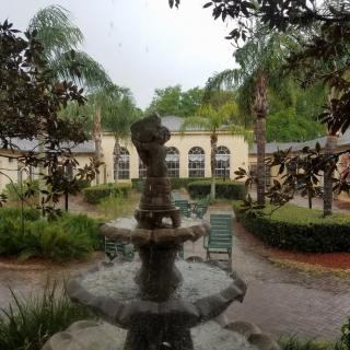A serene garden view featuring a fountain surrounded by lush greenery and palm trees.