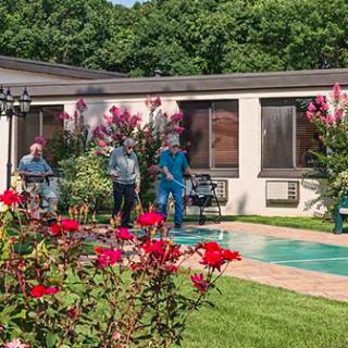 A group of people enjoying a sunny day in a garden with vibrant flowers.
