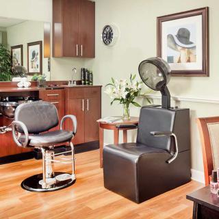 A well-organized hair salon with a styling chair and a hooded hair dryer.