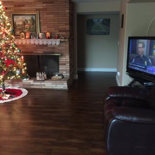 A cozy living room decorated for the holidays with a Christmas tree and stockings hanging by the fireplace.