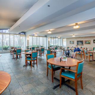 A spacious and modern dining area featuring wooden tables and teal chairs, illuminated by natural light.