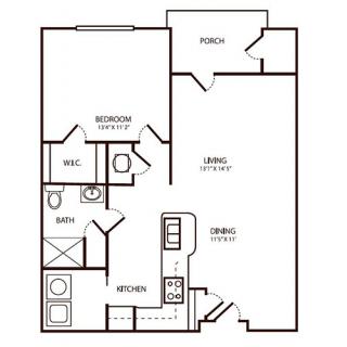 This image shows a one-bedroom apartment floor plan with designated areas for the bedroom, kitchen, living room, bathroom, walk-in closet, and a patio.